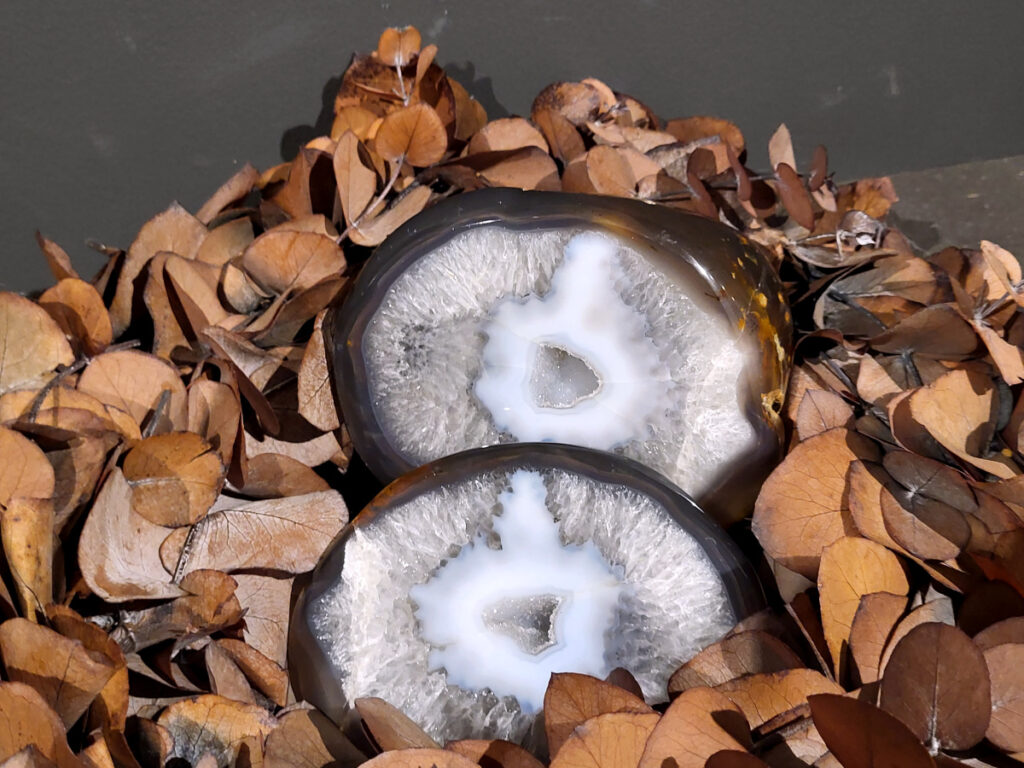 <strong>Agaat, paar, 2kg, 100,- euro, nr. 36</strong>

<strong>Beschrijving Agaat.</strong>

Agaat is een veelzijdige edelsteen die bekend staat om zijn prachtige kleurbanden en patronen. Het is een variëteit van het mineraal kwarts, meer specifiek chalcedoon, en wordt vaak gebruikt in sieraden en als decoratieve steen. 
<strong>Algemene kenmerken:</strong>
Agaat is een microkristallijne vorm van kwarts, bestaande uit microscopisch kleine kristallen. 
<strong>Kleuren en patronen:</strong>
Agaat komt voor in vele kleuren, vaak met banden of lagen in verschillende tinten. 
Agaat is een populaire keuze voor het maken van kettingen, armbanden, ringen en andere sieraden vanwege de esthetische aantrekkingskracht en duurzaamheid. 
<strong>Spirituele eigenschappen:</strong>
Agaat wordt vaak geassocieerd met aardende, stabiliserende en beschermende eigenschappen. 
<strong>Helende werking:</strong>
Er wordt aangenomen dat agaat kan helpen bij het verminderen van stress, het bevorderen van emotioneel evenwicht en het versterken van het zelfvertrouwen. 
<strong>Verzorging van agaat:</strong>
Agaat is relatief gemakkelijk te onderhouden. Het kan worden gereinigd met lauw water, de rook van witte salie of palo santo, of door het op een hematiet- of bergkristal-cluster te plaatsen. 

<strong>-	Kunstgalerie-Arnold -</strong>