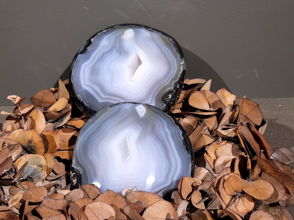 <strong>Agaat, paar, 3,3kg, 163,- euro, nr. 37</strong>


<strong>Beschrijving Agaat</strong>


Agaat is een veelzijdige edelsteen die bekend staat om zijn prachtige kleurbanden en patronen. Het is een variëteit van het mineraal kwarts, meer specifiek chalcedoon, en wordt vaak gebruikt in sieraden en als decoratieve steen. 
<strong>Algemene kenmerken:</strong>
Agaat is een microkristallijne vorm van kwarts, bestaande uit microscopisch kleine kristallen. 
<strong>Kleuren en patronen:</strong>
Agaat komt voor in vele kleuren, vaak met banden of lagen in verschillende tinten. 
Agaat is een populaire keuze voor het maken van kettingen, armbanden, ringen en andere sieraden vanwege de esthetische aantrekkingskracht en duurzaamheid. 
<strong>Spirituele eigenschappen:</strong>
Agaat wordt vaak geassocieerd met aardende, stabiliserende en beschermende eigenschappen. 
<strong>Helende werking:</strong>
Er wordt aangenomen dat agaat kan helpen bij het verminderen van stress, het bevorderen van emotioneel evenwicht en het versterken van het zelfvertrouwen. 
<strong>Verzorging van agaat:</strong>
Agaat is relatief gemakkelijk te onderhouden. Het kan worden gereinigd met lauw water, de rook van witte salie of palo santo, of door het op een hematiet- of bergkristal-cluster te plaatsen. 

<strong>-	Kunstgalerie-Arnold -</strong>