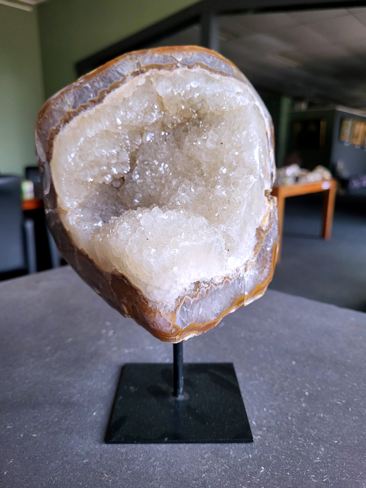 Agaat, agaat cluster, geode, op standaard, 2,4kg, 118,- euro, nr. 58

Beschrijving Agaat.

Agaat is een veelzijdige edelsteen die bekend staat om zijn prachtige kleurbanden en patronen. Het is een variëteit van het mineraal kwarts, meer specifiek chalcedoon, en wordt vaak gebruikt in sieraden en als decoratieve steen.

Algemene kenmerken:
Agaat is een microkristallijne vorm van kwarts, bestaande uit microscopisch kleine kristallen.
Kleuren en patronen:
Agaat komt voor in vele kleuren, vaak met banden of lagen in verschillende tinten.
Agaat is een populaire keuze voor het maken van kettingen, armbanden, ringen en andere sieraden vanwege de esthetische aantrekkingskracht en duurzaamheid.
Spirituele eigenschappen:
Agaat wordt vaak geassocieerd met aardende, stabiliserende en beschermende eigenschappen.

Helende werking:
Er wordt aangenomen dat agaat kan helpen bij het verminderen van stress, het bevorderen van emotioneel evenwicht en het versterken van het zelfvertrouwen.

Verzorging van agaat:
Agaat is relatief gemakkelijk te onderhouden. Het kan worden gereinigd met lauw water, de rook van witte salie of palo santo, of door het op een hematiet- of bergkristal-cluster te plaatsen.