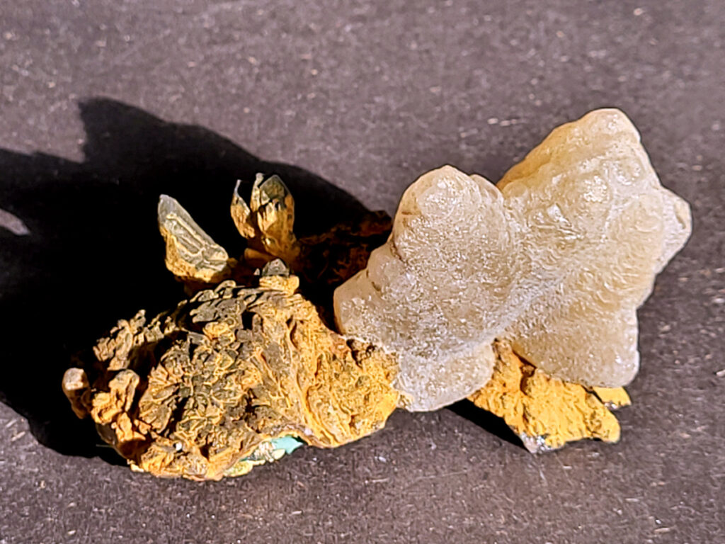 Calciet, Aragonietachtig, 0,2 kg, 7,- euro, nr. 1

Calciet (aragoniet-achtig) dat is gegroeid op een matrix van limoniet / ijzerhoudend gesteente.
Het witte, bolvormige stuk lijkt op botryoïdale calciet (druppel- of bloemkoolachtige groei) en de geel/oranje ondergrond is typisch voor limoniet of ijzeroxide
De kleine groene/blauwachtige hint onderin kan wijzen op een beetje koperhoudend mineraal, maar dat is niet dominant.
Dit soort combinaties komt vaak voor in Marokko, Spanje en Mexico en het ontstaat wanneer mineraalrijk water door gesteente stroomt en laag voor laag afzettingen vormt.
Calciet:
Versterkt energie en doorstroming en werkt zuiverend en activerend. Het stimuleert de groei (mentaal en fysiek).
Limoniet / ijzer:
Aardend en geeft stabiliteit en “voet op de grond” energie.
Helpt bij structuur en basis
Samen is het een goede combinatie van actie en stabiliteit en zorgt voor een goede energie die opbouwt en gegrond blijft.