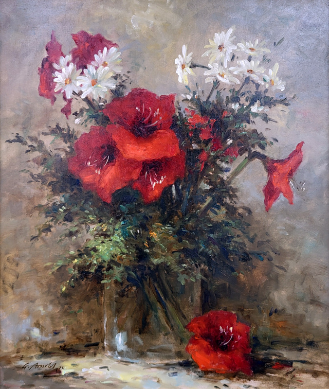 <strong>Gerhard Arnold, bloemstilleven, afmeting 50x60cm doekmaat, 450,- euro, nr. 52

Arnold, G.Arnold, Gerhard Arnold ..... ( geb.1938),
Gerhard Arnold is geboren op 14 februari 1938 te Ludwigshaven. 
Hij kwam al op tweejarige leeftijd naar Offenbach/Main met zijn ouders, waar hij nu nog steeds werkt. Hij heeft hier de Offenbacher Werkkunstschule doorlopen en vele adviezen genoten van de Franfurter kunstschilder Carl Dörrbecker. Hij heeft een eigen stijl ontwikkelt die meestal transparant opgebracht is.
Hij schildert landschappen, figuren, portretten, stadsgezichten en stillevens (vooral bloemen).

Gerhard Arnold geniet grote bekendheid in Duitsland en is een zeer geliefd kunstenaar. Arnold, G. Arnold, Gerhard Arnold, born on 14 februar in 1938 in Ludwigshafen (Germany). Student of the Offenbacher Werkkunstschule in frankfurt and from Carl Dörrbecker. He is a painter and he has made a lot off flowerstillifes by his own maner of painting. Also he has made some landscapes with figures and city views. He is very well known in Germany.</strong>