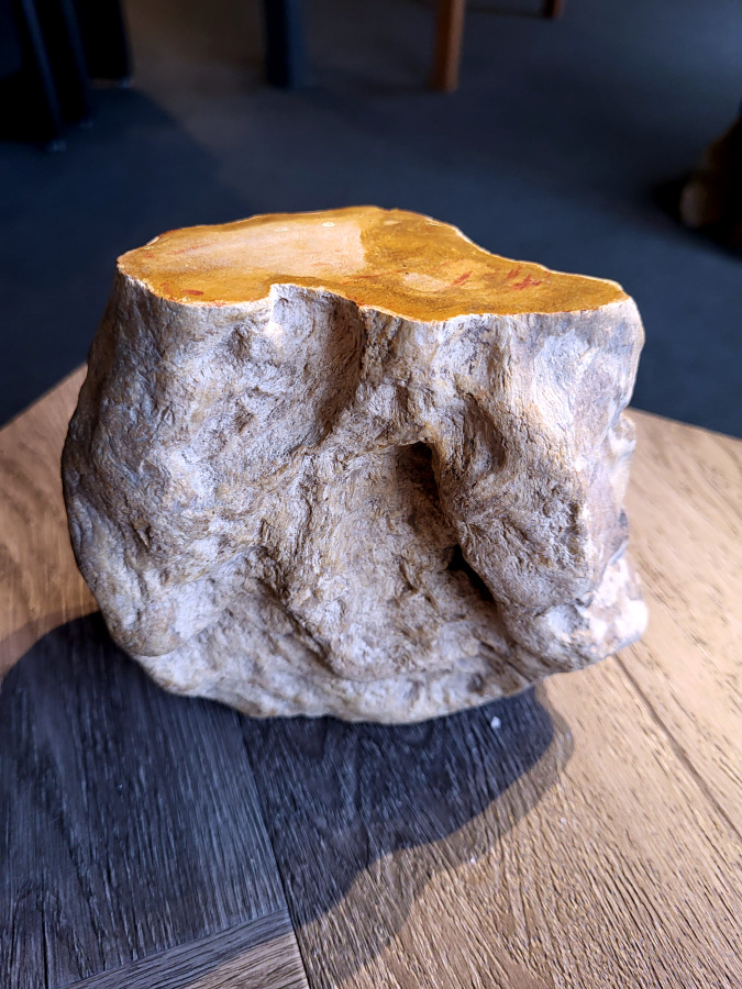 <strong>Versteend hout, 2,1 kg, 16,- euro, nr. 17</strong>

Beschrijving, Versteend Hout.
<strong>Versteend hout is fossiel hout, waarin alle organische materialen met behoud van de structuur van het hout zijn vervangen door mineralen (meestal door silicaten, zoals kwarts).</strong> Het proces van verstening gebeurt onder de grond, wanneer een boom bedolven raakt onder sediment, en kan miljoenen jaren duren. Grondwater dat langzaam door de bodem sijpelt, zet mineralen af op plaatsen waar lignine en cellulose wegrotten. Als de afzetting en rotting even snel gaan, blijft de vorm van de cellen behouden.
<strong>De kleinste details kunnen worden vereeuwigd. Versteende jaarringen en verschillende weefsels kunnen tot op microscopisch niveau worden getraceerd. Versteend hout heeft een hardheid van 7 op de hardheidsschaal van Mohs, hetzelfde als kwarts.</strong>