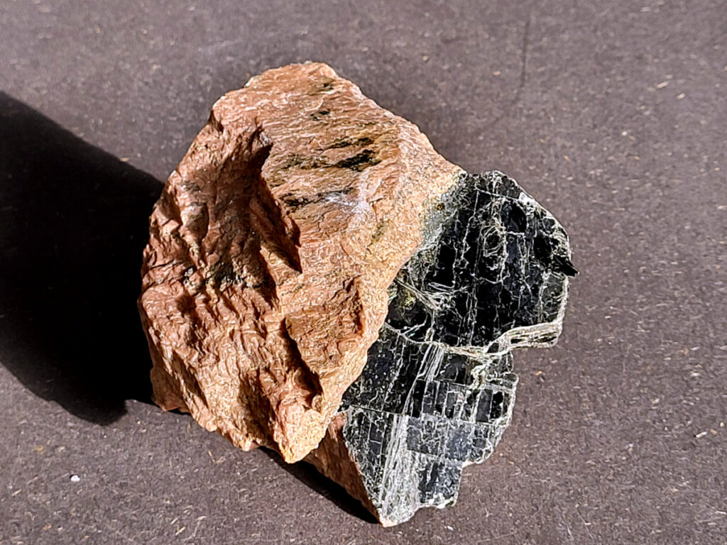 <strong> Zwarte toermalijn (schorl) in een veldspaat-matrix, 0,9 kg, 22,- euro, nr. 1</strong>

<strong>Zwarte toermalijn (schorl) in een veldspaat-matrix.</strong>
Zwarte deel: zwarte toermalijn (schorl)
Bruin/roze gesteente eromheen: veldspaat (vaak kaliveldspaat uit pegmatiet)
<strong>Herkenningspunten</strong>
Zwart kristal met duidelijke lengtestrepen / lijnen
Vaak prismatisch (langwerpig kristal)
<strong>Zit vaak ingegroeid in veldspaat of granietachtige steen</strong>
Komt veel voor in pegmatietgesteente
Dit soort stukken ontstaan diep in de aarde wanneer magma langzaam afkoelt. In pegmatieten kunnen dan grote kristallen groeien, zoals:
<strong>Veldspaat, kwarts en toermalijn</strong>
Zwarte Toermalijn in Veldspaat
<strong>Zwarte toermalijn in veldspaat combineert de aardende en beschermende eigenschappen van zwarte toermalijn met de harmoniserende energieën van veldspaat.</strong> Deze unieke steen wordt gevormd wanneer zwarte toermalijnkristallen op natuurlijke wijze zijn ingebed in de veldspaatmatrix, waardoor een opvallend contrast ontstaat tussen de donkere toermalijn en de lichtere veldspaat.
Zwarte toermalijn staat bekend om zijn vermogen om negatieve energieën te absorberen en psychische bescherming te bieden. Het fungeert als een schild, buigt schadelijke energieën af en bevordert een gevoel van veiligheid en zekerheid. Met zijn aardende eigenschappen helpt zwarte toermalijn de drager te verankeren in de aarde, waardoor een gevoel van stabiliteit en evenwicht wordt bevorderd.
<strong>Veldspaat daarentegen is een steen van harmonie en integratie. Het bevordert een gevoel van eenheid en samenwerking, zowel binnen jezelf als in relaties met anderen. Veldspaat staat ook bekend om zijn kalmerende en verzachtende eigenschappen, waardoor stress en angst worden verlicht.</strong>
Samen creëert zwarte toermalijn in veldspaat een krachtige synergie van energieën. Het dient als een krachtig hulpmiddel voor spirituele bescherming en aarding, terwijl het ook innerlijke harmonie en emotioneel evenwicht bevordert. <strong>Deze steen kan bijzonder nuttig zijn voor degenen die een gevoel van stabiliteit en veiligheid in hun leven willen creëren, terwijl ze ook een diepere verbinding met de aarde en het spirituele rijk bevorderen.</strong>
