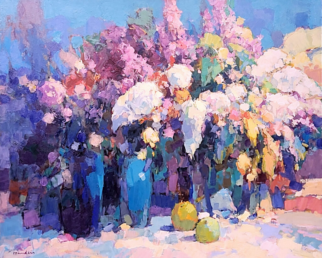 <strong>Frans Manders, olieverf op paneel, bloemstilleven, afmeting 80x100cm paneelmaat, 750,- euro, nr. 5</strong>

<strong>Frans Manders is een Nederlandse kunstenaar bekend om zijn impressionistische schilderijen, en zijn werk is te vinden bij verschillende kunsthandels en online platforms.</strong>
Over Frans Manders
<strong>Frans Manders (geboren in 1939) begon zijn carrière als tekenaar en illustrator, maar wijdde zich later volledig aan de schilderkunst.</strong> Zijn stijl is door de jaren heen geëvolueerd van een donkerder palet naar een lichter kleurgebruik, met een losser en zwieriger handschrift. Hij heeft samengewerkt met andere kunstenaars en zijn werk is te vinden in belangrijke collecties, zoals het<strong> Museum Kempenland</strong> in Eindhoven.