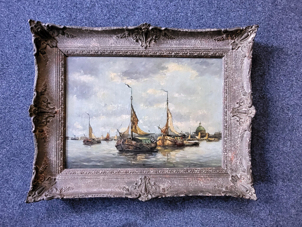 <strong>Havengezicht Amsterdam, ongesigneerd, afmeting 50x70cm doekmaat, afmeting incl. lijst 70x90cm, 175,- euro, nr. 4</strong>