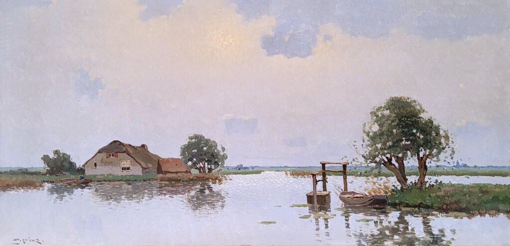 <strong>Jan Knikker, 40x80cm doekmaat, poldergezicht, olieverf op linnen, afmeting 40x80cm doekmaat, 300,- euro, nr. 7</strong>

<strong>Knikker, J.Knikker sr., Jan Knikker 1889-1957</strong>
Knikker, J.S. (Jan) Knikker sr. 1889 - 1957 
<strong>Leerling van zijn broer Aris. De gebroeders Knikker genoten in en om Den Haag grote bekendheid om hun stemmige schilderijen in de traditie van de Haagse School. </strong>Jan Knikker had een wat bredere en meer kleurrijke manier van schilderen dan Aris. Beide schilders hadden een grote productiviteit waardoor in de loop der tijd landelijk vele werken een plekje aan de muur kregen.
<strong>Ook gebruikte Jan Knikker senior regelmatig pseudoniemen zoals: Endlich, Welter en Markestein.</strong>

<strong>Knikker, J.Knikker sr., Jan Knikker was born in 1889 and he died in 1957.</strong>