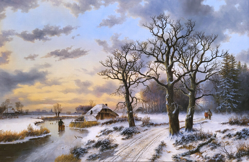 <strong>P. van Essel, winterlandschap, afmeting 60x90cm doekmaat, 450,- euro, nr. 1</strong>

Essel, Peter van Essel, geb. 1936-2021
Peter van Essel is een 20ste eeuws landschapsschilder van veelal wintergezichten in de manier van B C Koekkoek. Werkte en woonde geruime tijd in Apeldoorn.   Peter van Essel (1936-2021) schilderde helemaal in de traditie van de 19e eeuwse ‘Hollandse School’. Zijn romantische stijl lijkt op die van B.C. Koekkoek, een grootheid in die dagen. Evenals Koekkoek toont ook Van Essel met grote voorliefde prachtige bomen in een winters landschap. Over Van Essel is tot dusverre nagenoeg niets bekend, behalve dat hij in Apeldoorn woonde en werkte. Na lang zoeken en speuren, duikt dan eindelijk zijn naam op in het Nationaal Archief. In dat archief worden de interneringskaarten bewaard, die de Japanse bezetters van Nederlands-Indië tijdens de Tweede Wereldoorlog bijhielden van alle gevangen Nederlanders. Op een van die kaarten staat te lezen: “Peter R. van Essel, leeftijd 3 jaar, Frans Halslaan 20 Bandoeng”. Het is het eerste levensteken van de man. Een laatste vond ik vanochtend. Het is een In Memoriam, geschreven door een vriend op 19 oktober 2021: “In nagedachtenis van Peter van Essel, een talentvolle landschapsschilder en eigenzinnig filosofisch prachtmens.” Het zal je maar gezegd zijn.   Naschrift: Achterop de lijst van een van beide schilderijen staat de naam van een van de kopers, lang geleden in 1981, van het schilderij: ‘J. Houtwipper’. Die naam is hoogst zeldzaam, maar juist daardoor is het makkelijk te detecteren om wie het precies gaat. Na wat zoekwerk kwam ik uit bij ‘Jan Houtwipper’, tweelingbroer van Henk Houtwipper uit Heemskerk. Beiden hebben in 2019, zo lees ik in het Noord-Hollands Dagblad, een ridderorde ontvangen omdat ze gezamenlijk het uurwerk van de oude kerk van Heemskerk gerestaureerd hebben. Het schilderij zal dus, voordat het bij mij belandde, bij Jan thuis hebben gehangen.   Over ‘winters’ en ‘klokken’ gesproken, laten we beide broers en vooral ook de maker van het schilderij eren met een toepasselijk gedicht van Gerrit Kouwenaar:   De winter staat stil Schrijf de winter staat stil, lees een dag zonder dood spel de sneeuw als een kind, smelt de tijd als een klok die zich spiegelt in ijs het is ijskoud vandaag, dus vertaal wat men schrijft in een klok die niet loopt, in het vlees dat bestaat als sneeuw voor de zon en schrijf hoe haar lichaam bestond en zich boog gelenigd in vlees en keek achterom in het oog van vandaag, en lees wat hier staat de zon op de sneeuw, het kind in de slee het dichtgewaaid spoor, de onleesbare dood