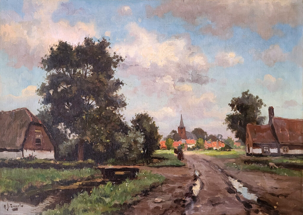 <strong>A.J. Zwart, dorpsweg, afmeting 50x70cm doekmaat, afmeting incl. lijst 66x86cm, 550,- euro, nr. 15</strong>

<strong>Zwart, A.J.Zwart, Arie Zwart, 1903-1981
Zwart, A.J. Zwart is geboren te Rijswijk op 30.08.1903 en overleden te Laren 
op 27.08.1981.
Toen Adrianus Johannes(Arie) Zwart te kennen gaf  schilder te willen worden, 
remden zijn ouders, die een winkel dreven, hem af. Ze bewogen hem eerst een 
opleiding tot reclameschilder in Amsterdam te volgen. Maar Zwart die bij 
tochten naar de Veluwezoom had gemerkt dat er veel belangstelling bestond 
voor zijn schilderijen die hij vlot verkocht, zag daarna toch kans een opleiding 
aan de Haagse Academie te volgen.
Na zijn huwelijk in 1926 begon een zwervend bestaan. Eerst trok het gezin met 
een woonwagen door Brabant. Toen in 1936 een erfenis werd ontvangen, 
waardoor de opdracht tot het bouwen van een boot kon worden verstrekt, lag 
de wereld open. Met de ‘De Trekschuit’ werd bijna veertig jaar(tot 1974) door 
het land gezworven. Alom trok dit vaartuig de aandacht door de bloemen die 
aan dek werden meegevoerd. Bloemen waren ook de kenmerkende 
elementen in de schilderijen van Zwart. In zijn stillevens, maar ook in zijn 
landschappen werd meestal een overdaad aan bloemen gevonden. Zijn reizen 
naar Frankrijk en Spanje hebben hieraan ongetwijfeld bijgedragen. In 
moeilijker tijden echter, als de schilder zich depressief  voelde, werden de 
schilderijen, in overeenstemming daarmee, donkerder van kleur.
Zwart heeft veel geëxposeerd, zowel op zijn boot als in de kunsthandel.
Rond 1938 kwam hij naar Meppel. Daar bracht hij de oorlogsjaren door. Al 
snel kwam hij in contact met andere Meppeler schilders. Samen brachten ze 
veel plezierige avonden door. Even werden dan de donkere tijden naar de 
achtergrond verdreven als piano- en vioolspel, overstemd door luid gezang, 
opklonk vanuit het Balkengat waar ‘De Trekschuit’ lag afgemeerd.
De laatste jaren van zijn leven woonde hij met zijn echtgenote in het Rosa 
Spierhuis in Laren.</strong>

<strong>Zwart, A.J.Zwart , Arie Zwart was born in Rijswijk in 1903 and he died in Laren in 
1981.</strong>