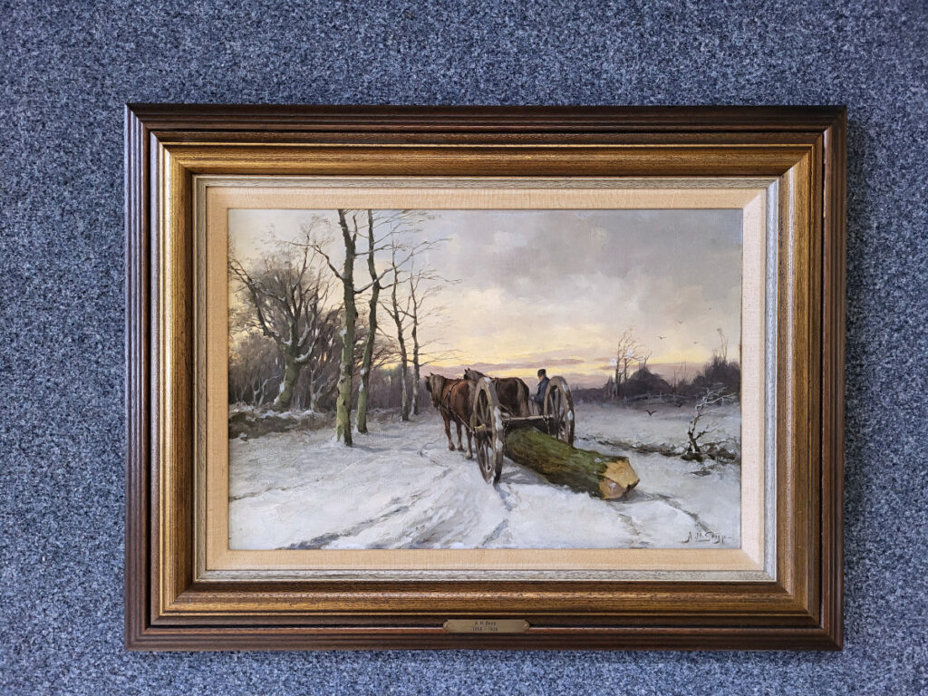 A.M. Geijp, wintergezicht, afmeting 37x55cm doekmaat, afmeting incl. lijst 57x75cm, 150,- euro, nr. 56

Geijp, A.M.Geijp, Adriaan Marinus Geijp 1855-1926
Geijp, A.M. Geijp is geboren in Middelburg op 22.11.1855 en overleden in Den Haag op 09.11.1926. 
                                                                                                                                                                                                                                                   Adriaan Marinus Geijp was in Middelburg actief als decoratieschilder en kreeg daar tekenlessen. Rondom 1880 vestigde hij zich in Den Haag en legde zich vervolgens op de schilderskunst toe. Hij vormde zichzelf en schilderde bij voorkeur winterlandschappen, bosgezichten en landschappen met vee. Ook zijn er enkele stadsgezichten bekend.

Geijp, A.M.Geijp, Adriaan Marinus Geijp was born in 1855 in Middelburg and he died in 1926 in Den Haag.