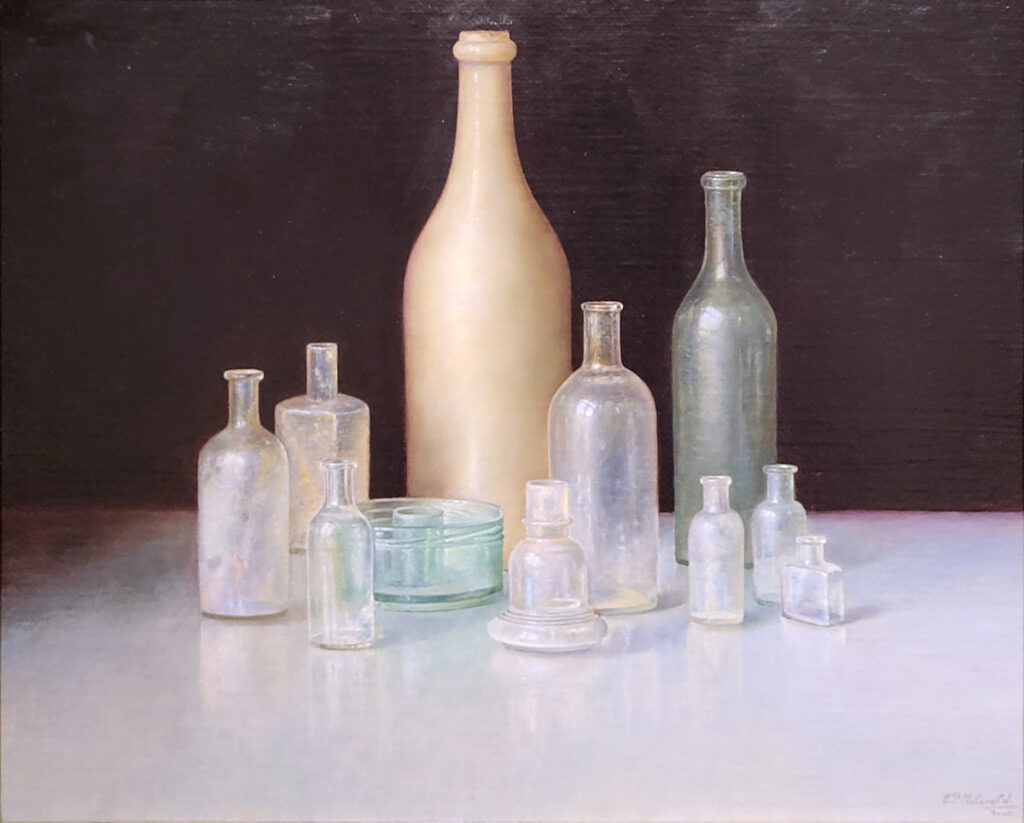 E.P. Moleveld, glazen flesjes, olieverf op linnen, afmeting 40x50cm doekmaat, 1350,- euro, nr. 5