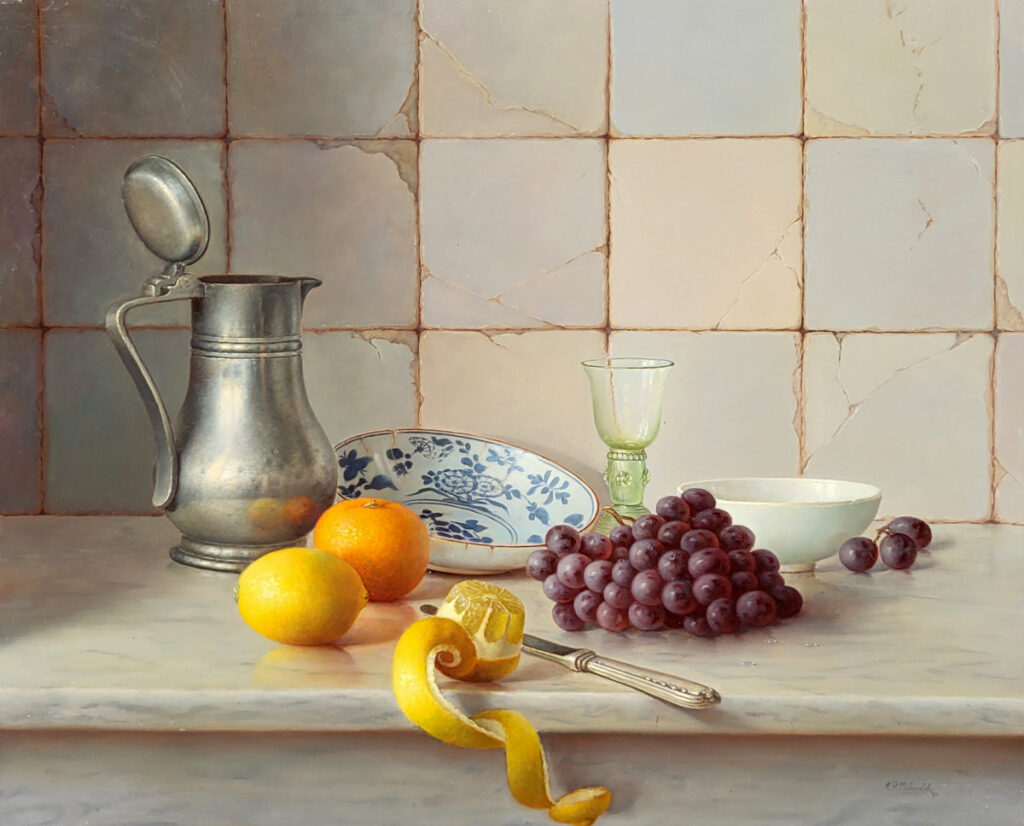 E.P. Moleveld, tin met fruit, afmeting 50x60cm paneelmaat, 1500,- euro, nr. 7