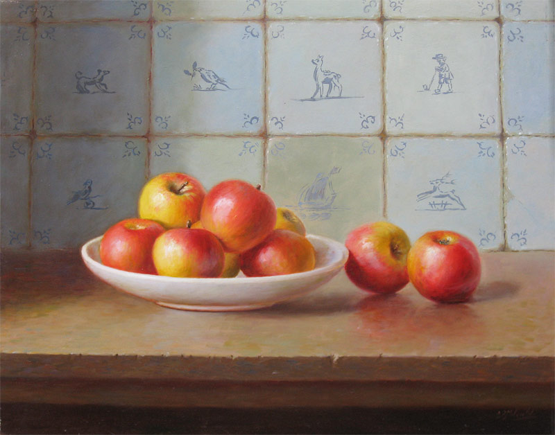 Moleveld,Ed Moleveld,appels op een bord, olieverf op paneel, afmeting 40x50cm paneelmaat, 1350,- euro, nr. 43