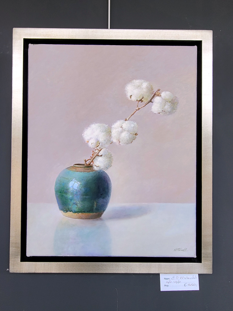 Ed Moleveld, katoen op een gemberpot, olieverf op linnen, afmeting 40x50cm, incl. lijdt, 1250,- euro, nr. 42