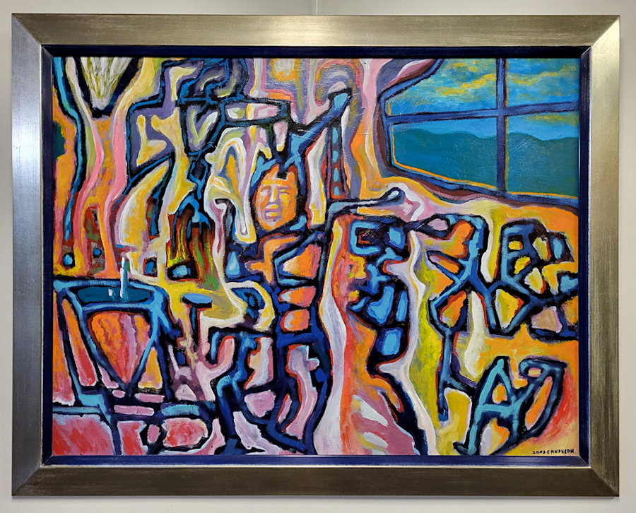 <strong>Igor-Smirnov, stuurloos, olieverf op paneel, afmeting 80x110cm paneelmaat, afmeting incl. lijst 100x130cm, 450,- euro, nr. 43

Smirnov, I. Smirnov, Igor Smirnov geb 1975-
Smirnov, Igor Smirnov geboren op 9 januari 1975 te St. Petersburg. Volgde een opleiding op de Kunstschool eveneens te St. Petersburg van 3 jaar. Verbleef omstreeks 1996 een half jaar lang in Duitsland, waarna hij zich vestigde in Nederland. Hij volgde de 5 jarige studie op de Kunstakademie te Groningen (Minerva), welke hij met succes afronde. Hij heeft ondermeer les gehad van Asaph Ban Menahen, Gijs Frieling en Wim Jonkman. Igor Smirnov weet de hedendaagse tijd vast te leggen in zijn vorm van schilderen, soms schokkend en dreigend, maar ook positief, kleurrijk, direkt en open. Achter elk schilderij zit een eigen werkelijkheid aldus deze kunstenaar.</strong>