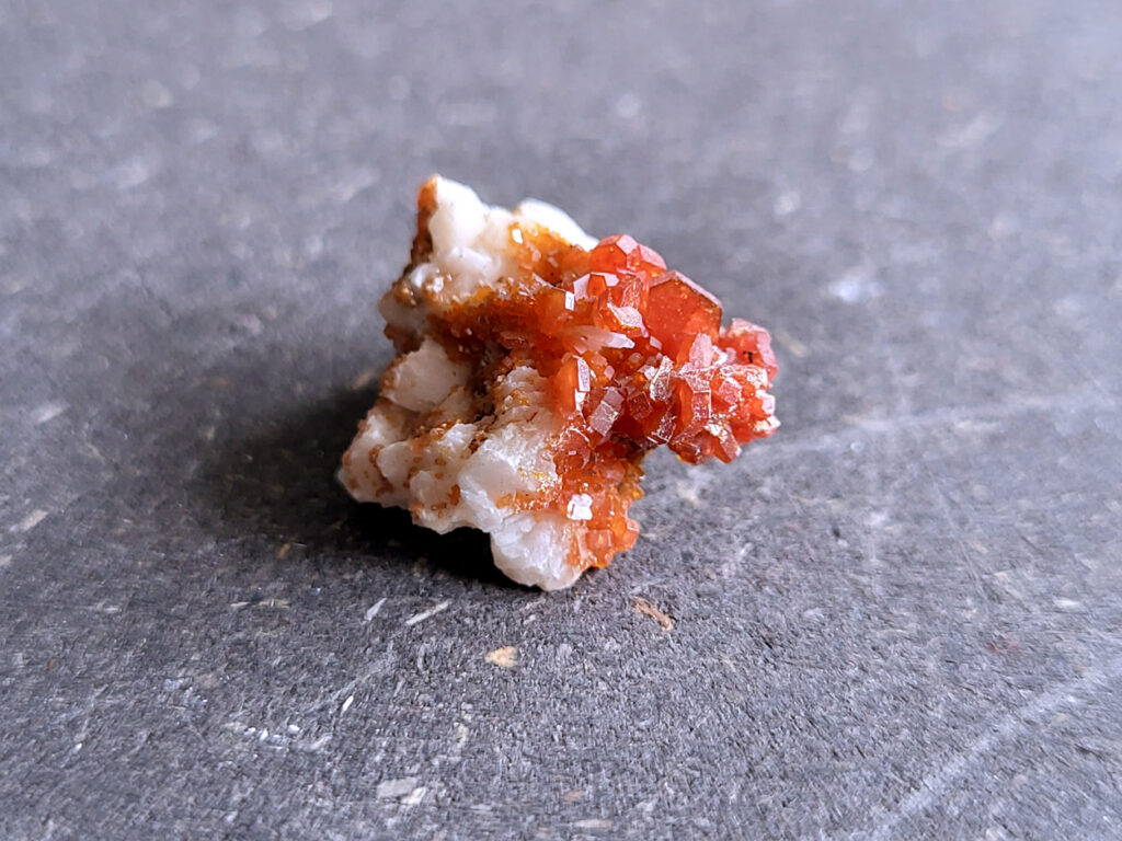 <strong>Vanadiniet, 1,5cm doorsnee, 5,- euro, nr. 117

Vanadiniet, beschrijving,

Vanadiniet is een mineraal behorend tot de groep van chlooride mineralen van lood (Pb₅(VO₄)₃Cl). Het staat bekend om zijn dieprode tot oranjerode    kristallen, vaak hexagonaal van vorm. Vanadiniet ontstaat meestal in de     oxidatiezone van loodertsen, en het wordt soms verzameld vanwege zijn spectaculaire kristalvorm en kleur. Vanadiniet kan ook geringe hoeveelheden bariet en andere achtergrondmineralen bevatten. Het heeft een hoge           densiteit en een glasachtige glans.

Associatie van Vanadiniet met Bariet
In de minerologie komt vanadiniet vaak voor op of samen met bariet, 
omdat beide mineralen zich kunnen vormen in de oxidatiezone van 
loodaders. Deze combinatie wordt soms door verzamelaars gezocht omdat de contrasterende kleuren en kristalvormen esthetisch aantrekkelijk zijn: de rode kristallen van vanadiniet op een witte of lichtgekleurde barietbasis. Van bijzondere exemplaren wordt er een hogere verzamelwaarde gegeven.
Vindplaatsen
Vanadiniet met bariet wordt gevonden in meerdere locaties wereldwijd, 
vooral in gebieden met lood- en zinkaders in woestijnachtige of rotsachtige omgevingen. Bekende vindplaatsen zijn Mexico, Marokko en sommige 
delen van de Verenigde Staten, waar vanadiniet op barietplaten in 
oxidatiezones wordt aangetroffen.

Gebruik en Verzamelwaarde
Verzamelaars: Vanadiniet-op-bariet specimens zijn populair vanwege de visuele aantrekkingskracht.
Wetenschappelijk: Beide mineralen zijn interessant voor studie van oxidatieprocessen en geochemie van zware metalen.
Industrieel: Bariet is industrieel belangrijk; vanadiniet heeft zeldzaam een kleine toepassing als vanadiumbron, maar vooral verzamelobject.
Kortom, vanadiniet op bariet is een aantrekkelijke combinatie voor mineralenverzamelaars en geeft inzicht in geologische processen in oxidatiezones van loodaders.
</strong>