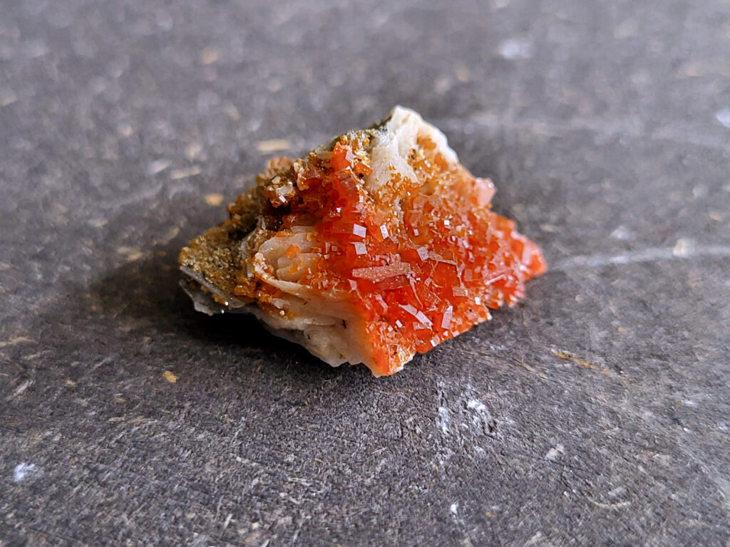 <strong>Vanadiniet, 2cm doorsnee, 5,- euro, nr. 115

Vanadiniet, beschrijving,

Vanadiniet is een mineraal behorend tot de groep van chlooride mineralen van lood (Pb₅(VO₄)₃Cl). Het staat bekend om zijn dieprode tot oranjerode    kristallen, vaak hexagonaal van vorm. Vanadiniet ontstaat meestal in de     oxidatiezone van loodertsen, en het wordt soms verzameld vanwege zijn spectaculaire kristalvorm en kleur. Vanadiniet kan ook geringe hoeveelheden bariet en andere achtergrondmineralen bevatten. Het heeft een hoge           densiteit en een glasachtige glans.

Associatie van Vanadiniet met Bariet
In de minerologie komt vanadiniet vaak voor op of samen met bariet, 
omdat beide mineralen zich kunnen vormen in de oxidatiezone van 
loodaders. Deze combinatie wordt soms door verzamelaars gezocht omdat de contrasterende kleuren en kristalvormen esthetisch aantrekkelijk zijn: de rode kristallen van vanadiniet op een witte of lichtgekleurde barietbasis. Van bijzondere exemplaren wordt er een hogere verzamelwaarde gegeven.
Vindplaatsen
Vanadiniet met bariet wordt gevonden in meerdere locaties wereldwijd, 
vooral in gebieden met lood- en zinkaders in woestijnachtige of rotsachtige omgevingen. Bekende vindplaatsen zijn Mexico, Marokko en sommige 
delen van de Verenigde Staten, waar vanadiniet op barietplaten in 
oxidatiezones wordt aangetroffen.

Gebruik en Verzamelwaarde
Verzamelaars: Vanadiniet-op-bariet specimens zijn populair vanwege de visuele aantrekkingskracht.
Wetenschappelijk: Beide mineralen zijn interessant voor studie van oxidatieprocessen en geochemie van zware metalen.
Industrieel: Bariet is industrieel belangrijk; vanadiniet heeft zeldzaam een kleine toepassing als vanadiumbron, maar vooral verzamelobject.
Kortom, vanadiniet op bariet is een aantrekkelijke combinatie voor mineralenverzamelaars en geeft inzicht in geologische processen in oxidatiezones van loodaders.
</strong>