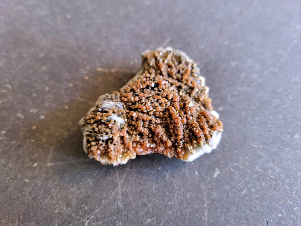 <strong>Vanadiniet, 88 gram, 6cm doorsnee, 8,- euro, nr. 107

Vanadiniet, beschrijving,

Vanadiniet is een mineraal behorend tot de groep van chlooride mineralen van lood (Pb₅(VO₄)₃Cl). Het staat bekend om zijn dieprode tot oranjerode    kristallen, vaak hexagonaal van vorm. Vanadiniet ontstaat meestal in de     oxidatiezone van loodertsen, en het wordt soms verzameld vanwege zijn spectaculaire kristalvorm en kleur. Vanadiniet kan ook geringe hoeveelheden bariet en andere achtergrondmineralen bevatten. Het heeft een hoge           densiteit en een glasachtige glans.

Associatie van Vanadiniet met Bariet
In de minerologie komt vanadiniet vaak voor op of samen met bariet, 
omdat beide mineralen zich kunnen vormen in de oxidatiezone van 
loodaders. Deze combinatie wordt soms door verzamelaars gezocht omdat de contrasterende kleuren en kristalvormen esthetisch aantrekkelijk zijn: de rode kristallen van vanadiniet op een witte of lichtgekleurde barietbasis. Van bijzondere exemplaren wordt er een hogere verzamelwaarde gegeven.
Vindplaatsen
Vanadiniet met bariet wordt gevonden in meerdere locaties wereldwijd, 
vooral in gebieden met lood- en zinkaders in woestijnachtige of rotsachtige omgevingen. Bekende vindplaatsen zijn Mexico, Marokko en sommige 
delen van de Verenigde Staten, waar vanadiniet op barietplaten in 
oxidatiezones wordt aangetroffen.

Gebruik en Verzamelwaarde
Verzamelaars: Vanadiniet-op-bariet specimens zijn populair vanwege de visuele aantrekkingskracht.
Wetenschappelijk: Beide mineralen zijn interessant voor studie van oxidatieprocessen en geochemie van zware metalen.
Industrieel: Bariet is industrieel belangrijk; vanadiniet heeft zeldzaam een kleine toepassing als vanadiumbron, maar vooral verzamelobject.
Kortom, vanadiniet op bariet is een aantrekkelijke combinatie voor mineralenverzamelaars en geeft inzicht in geologische processen in oxidatiezones van loodaders.
</strong>