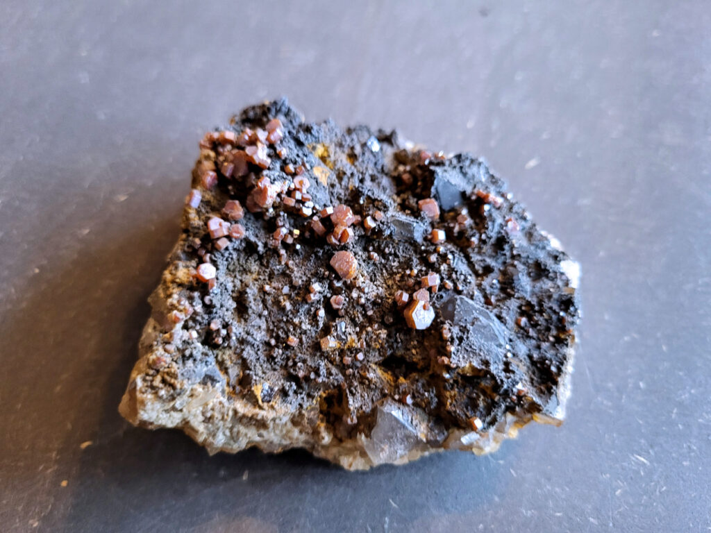 <strong>Vanadiniet op Dolomiet, 162 gram, doorsnee 9cm, 8,- euro, 118

Vanadiniet, beschrijving,

Vanadiniet is een mineraal behorend tot de groep van chlooride mineralen van lood (Pb₅(VO₄)₃Cl). Het staat bekend om zijn dieprode tot oranjerode    kristallen, vaak hexagonaal van vorm. Vanadiniet ontstaat meestal in de     oxidatiezone van loodertsen, en het wordt soms verzameld vanwege zijn spectaculaire kristalvorm en kleur. Vanadiniet kan ook geringe hoeveelheden bariet en andere achtergrondmineralen bevatten. Het heeft een hoge           densiteit en een glasachtige glans.

Associatie van Vanadiniet met Bariet
In de minerologie komt vanadiniet vaak voor op of samen met bariet, 
omdat beide mineralen zich kunnen vormen in de oxidatiezone van 
loodaders. Deze combinatie wordt soms door verzamelaars gezocht omdat de contrasterende kleuren en kristalvormen esthetisch aantrekkelijk zijn: de rode kristallen van vanadiniet op een witte of lichtgekleurde barietbasis. Van bijzondere exemplaren wordt er een hogere verzamelwaarde gegeven.
Vindplaatsen
Vanadiniet met bariet wordt gevonden in meerdere locaties wereldwijd, 
vooral in gebieden met lood- en zinkaders in woestijnachtige of rotsachtige omgevingen. Bekende vindplaatsen zijn Mexico, Marokko en sommige 
delen van de Verenigde Staten, waar vanadiniet op barietplaten in 
oxidatiezones wordt aangetroffen.

Gebruik en Verzamelwaarde
Verzamelaars: Vanadiniet-op-bariet specimens zijn populair vanwege de visuele aantrekkingskracht.
Wetenschappelijk: Beide mineralen zijn interessant voor studie van oxidatieprocessen en geochemie van zware metalen.
Industrieel: Bariet is industrieel belangrijk; vanadiniet heeft zeldzaam een kleine toepassing als vanadiumbron, maar vooral verzamelobject.
Kortom, vanadiniet op bariet is een aantrekkelijke combinatie voor mineralenverzamelaars en geeft inzicht in geologische processen in oxidatiezones van loodaders.
</strong>