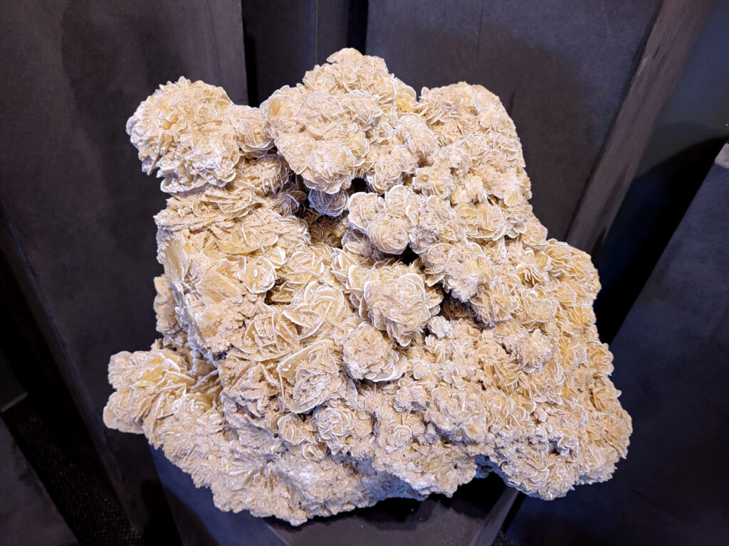 <strong>Woestijnroos, 20,1kg, 450,- euro, nr. 2

Woestijnroos, beschrijving
Hoe de woestijnroos ontstaat
Locatie:
In droge, zanderige gebieden waar grondwater onder de grond zit.
Proces:
Door de hitte van de zon komt het grondwater aan het oppervlak, waar het vervolgens snel verdampt.
Mineralen:
Het water dat verdampt, bevat mineralen zoals gips of bariet, die als zoutkristallen achterblijven.
Vorming:
Deze mineralen mengen zich met de zandkorrels die aanwezig zijn in de grond en vormen een roosachtige structuur. Dit proces duurt jaren en resulteert in de karakteristieke, bloemachtige vorm van de woestijnroos.

De woestijnroos wordt gezien als een steen die helpt bij innerlijke rust, bescherming en balans. De werking is gericht op het loslaten van negatieve energie, oude patronen en angsten, en het bevorderen van spirituele groei en helderheid. Fysiek wordt aangenomen dat het ondersteuning biedt bij stress, de huid kalmeert en de energiebalans in het lichaam verbetert.</strong>
