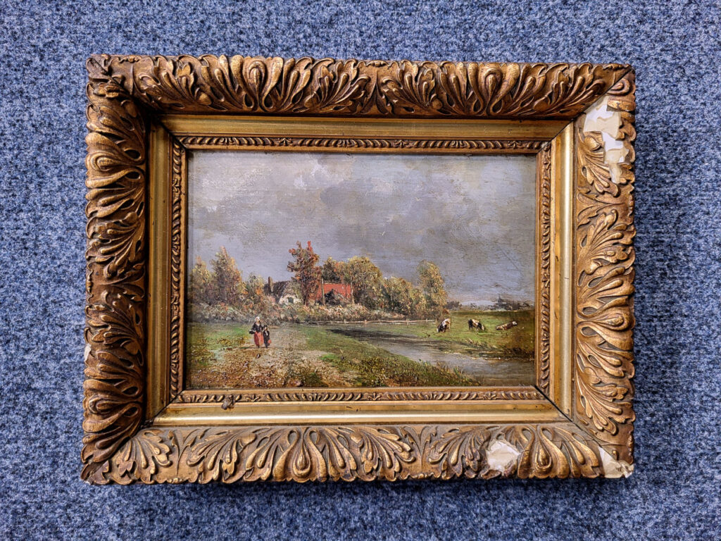 <strong>Gesigneerd onduidelijk, Landschap, 18x26 paneel, incl. lijst, 50,- euro, nr. 44</strong>