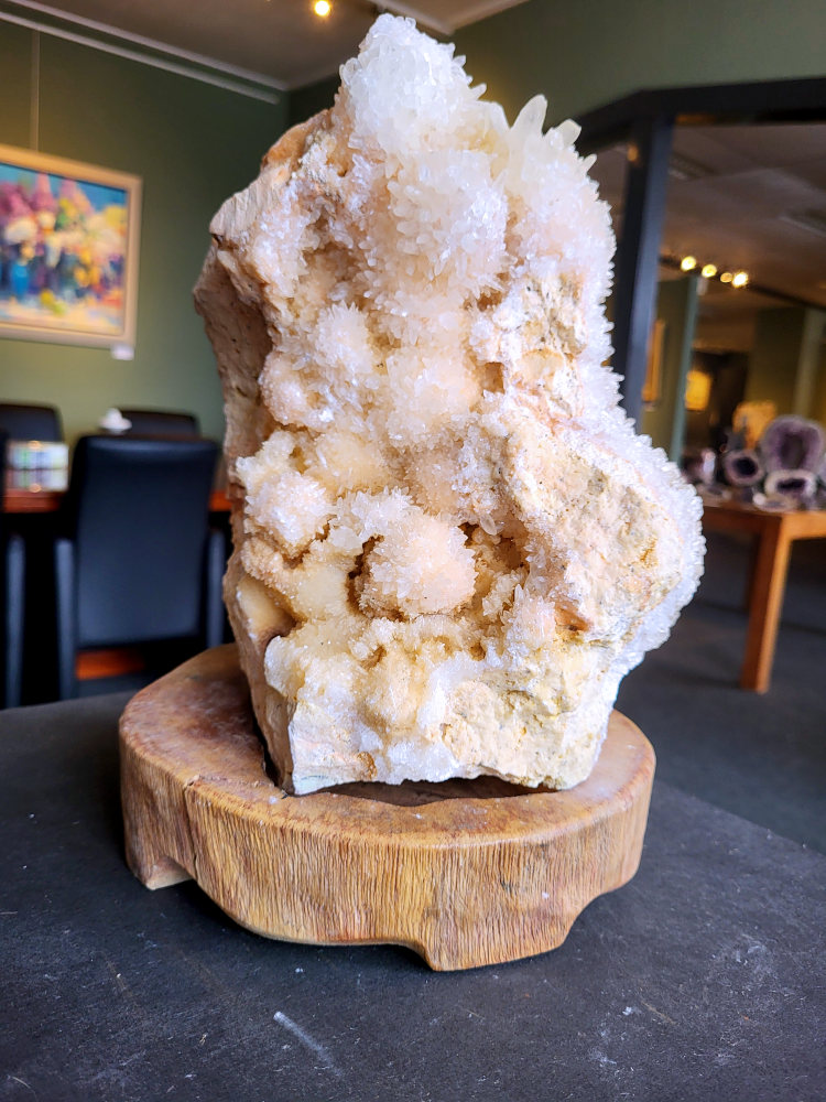 Hondentanden Calciet, 6,2kg, 125,- euro, nr. 49

Hondentandcalciet, beschrijving

Hondentandcalciet, ook wel Starburst calciet genoemd, is een vorm van calciet die bekend staat om zijn unieke, ruwe kristalstructuur die lijkt op hondentanden of varkensstanden. Het wordt gewaardeerd om zijn zachte, heldere uitstraling en wordt vaak gevonden in combinatie met andere mineralen zoals fluoriet. 
Kenmerken van Hondentandcalciet:
Kristalstructuur:
De kristallen zijn grillig, puntig en helder gevormd, wat een ruwe, natuurlijke uitstraling geeft. 
Kleur:
Meestal wit of licht van kleur, soms met bruine tinten of bedekt met andere mineralen zoals fluoriet. 
Energie:
Bekend om zijn zachte, lichtkracht en wordt geassocieerd met diepe transformaties en het openen van het bewustzijn. 
Vormen:
Te vinden in ruwe, onbewerkte vormen, maar ook op standaard of in combinatie met andere mineralen. 
Spiritueel:
Wordt gebruikt voor spirituele doeleinden, zoals meditatie en het openen van het bewustzijn. 

