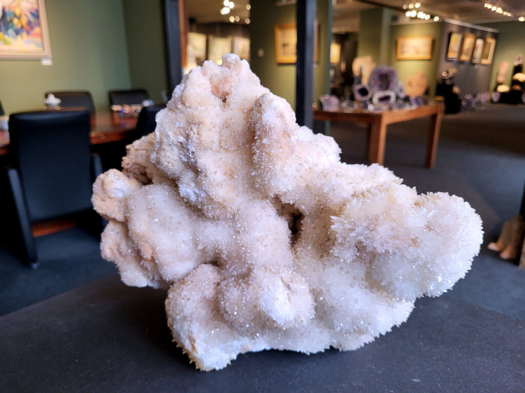 Hondentanden Calciet, 6,5kg, 146,- euro, nr. 1

Hondentandcalciet, beschrijving

Hondentandcalciet, ook wel Starburst calciet genoemd, is een vorm van calciet die bekend staat om zijn unieke, ruwe kristalstructuur die lijkt op hondentanden of varkensstanden. Het wordt gewaardeerd om zijn zachte, heldere uitstraling en wordt vaak gevonden in combinatie met andere mineralen zoals fluoriet. 
Kenmerken van Hondentandcalciet:
Kristalstructuur:
De kristallen zijn grillig, puntig en helder gevormd, wat een ruwe, natuurlijke uitstraling geeft. 
Kleur:
Meestal wit of licht van kleur, soms met bruine tinten of bedekt met andere mineralen zoals fluoriet. 
Energie:
Bekend om zijn zachte, lichtkracht en wordt geassocieerd met diepe transformaties en het openen van het bewustzijn. 
Vormen:
Te vinden in ruwe, onbewerkte vormen, maar ook op standaard of in combinatie met andere mineralen. 
Spiritueel:
Wordt gebruikt voor spirituele doeleinden, zoals meditatie en het openen van het bewustzijn. 
