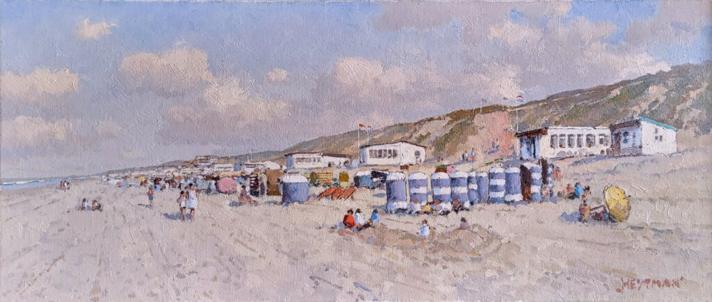 W. Heytman, strandgezicht Scheveningen, 30x70cm doekmaat, olieverf op linnen, 795,- euro, nr. 17

Heytman, W. Heytman, Willem Heytman geb.1950
Heytman, Willem Heytman. Reeds op jonge leeftijd zien we in de schoolschriften van de in 1950 geboren W. Heytman vele tekeningen staan. Al snel na zijn schooltijd begint Heytman te experimenteren met pastel, aquarel en olieverf. Hij legt zich vooral toe op het schilderen met olieverf. Zijn eerste expositie vindt plaats in 1976 te Middelburg in de provincie Zeeland. Behalve van de Nederlandse zeeschilder J. W. Heijting heeft Heytman van niemand les gehad. Hij is wat dat betreft een autodidact, die voortdurend doorgaat met het vernieuwen en verbeteren van zijn stijl, kleur en compositie. Onder andere zomerse zee- en strandgezichten, maar ook winterse stadsgezichten zijn thema\\\'s die Heytman schildert. In de ruim 20 jaar dat hij bezig is heeft Heytman zich zeker een plaats weten te verwerven binnen de huidige Nederlandse schilderkunst.